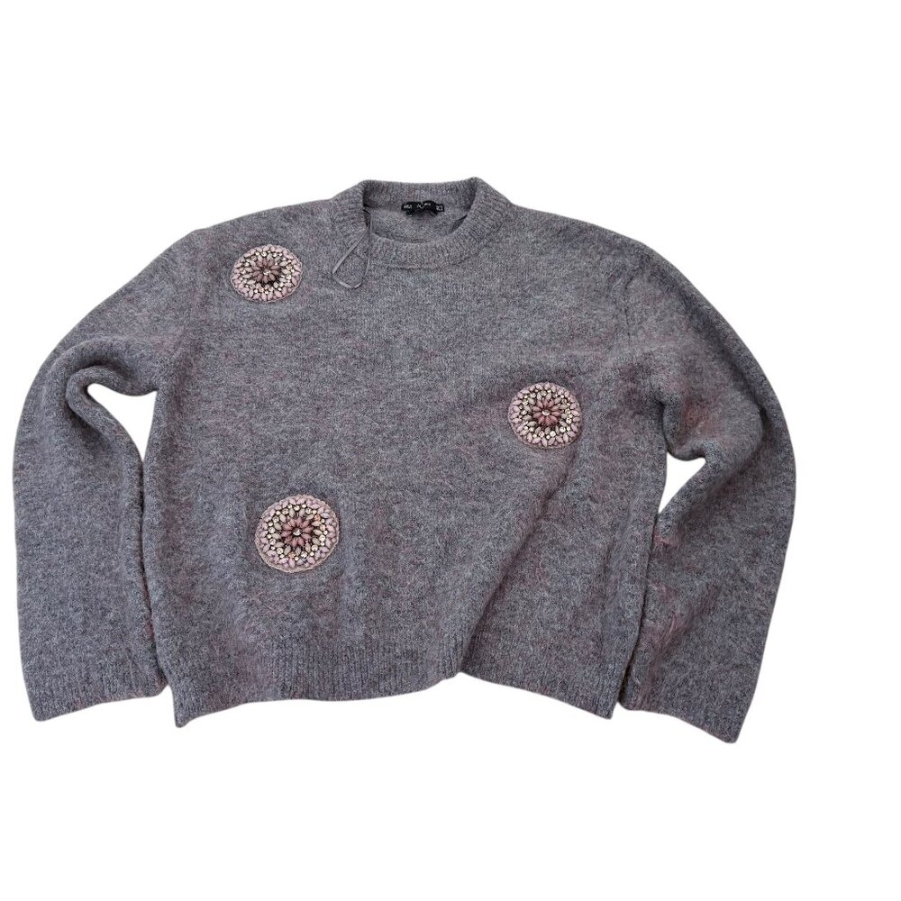 ZARA SOFT KNIT CREWNECK SWEATER SIZE Small Beaded APPLIQUE Italian yarn - Picture 2 of 12